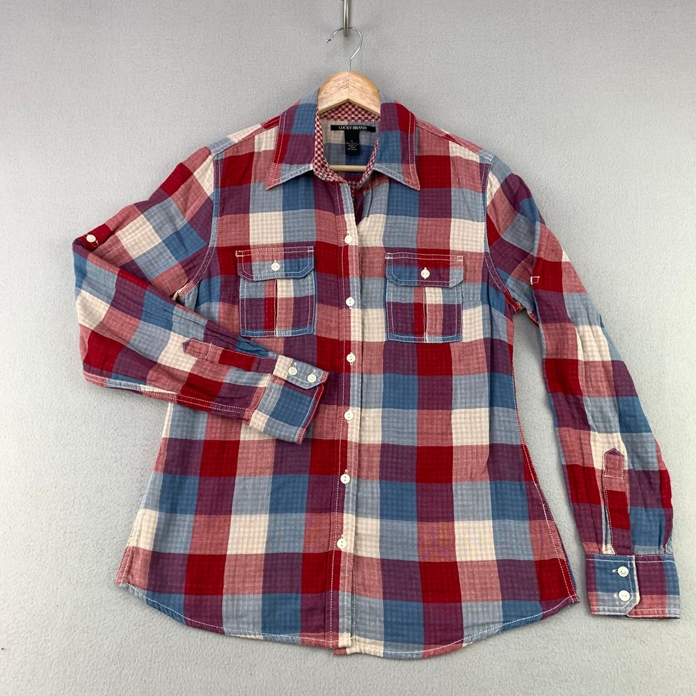 Lucky Brand Flannel Shirt Womens Small Red Blue Plaid Long Sleeve Cotton Cottage